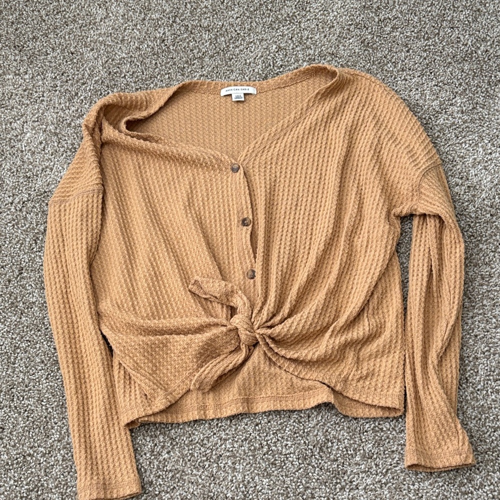 American Eagle Tan Button-Up Waffle Knit Top